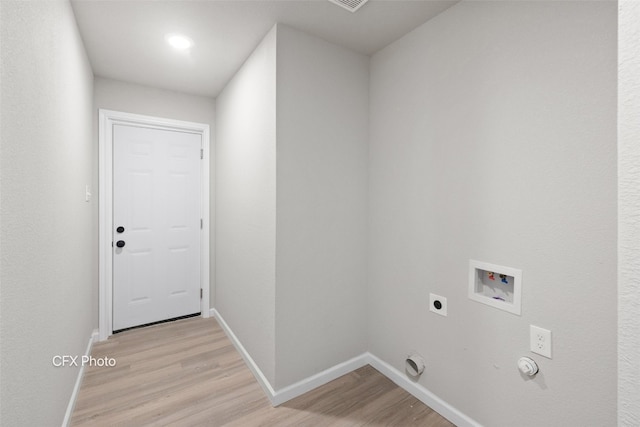 laundry area with electric dryer hookup, light hardwood / wood-style flooring, washer hookup, and hookup for a gas dryer