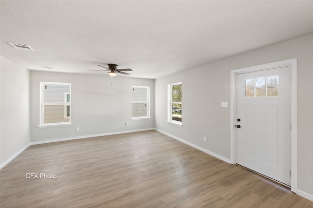 entrance foyer with ceiling fan, a wealth of natural light, and wood-type flooring