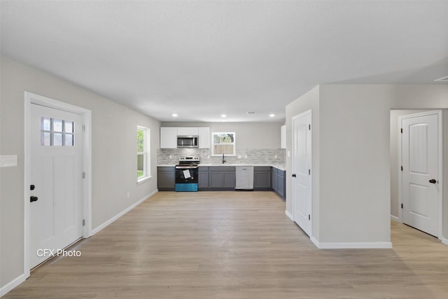 kitchen featuring tasteful backsplash, stainless steel appliances, light hardwood / wood-style flooring, and white cabinetry