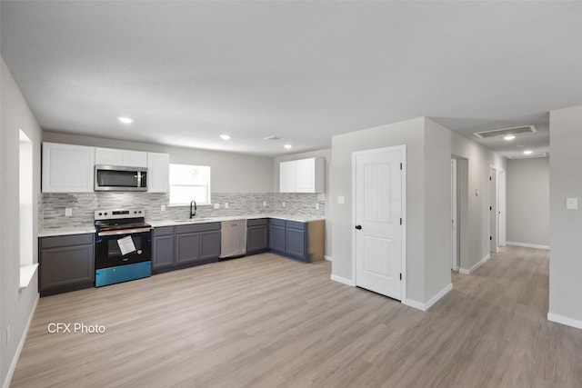 kitchen featuring appliances with stainless steel finishes, white cabinets, light hardwood / wood-style flooring, backsplash, and sink