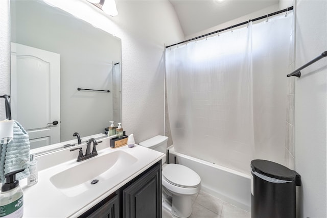 full bathroom with toilet, shower / bathtub combination with curtain, tile floors, and vanity