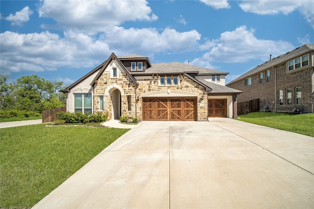 view of front of home featuring a front yard and a garage