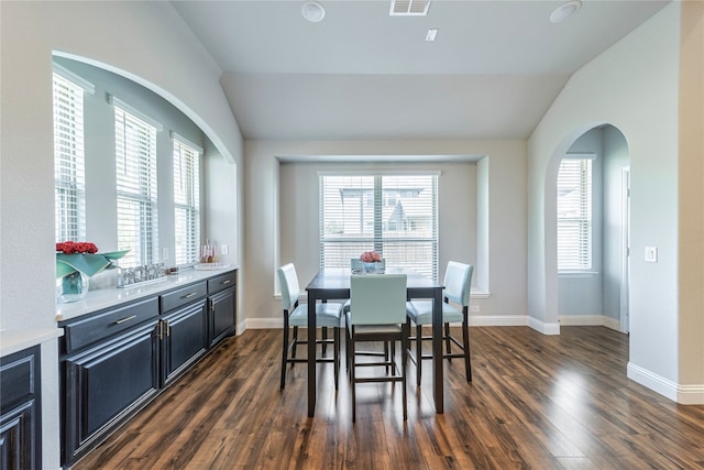 dining area featuring lofted ceiling and dark hardwood / wood-style flooring