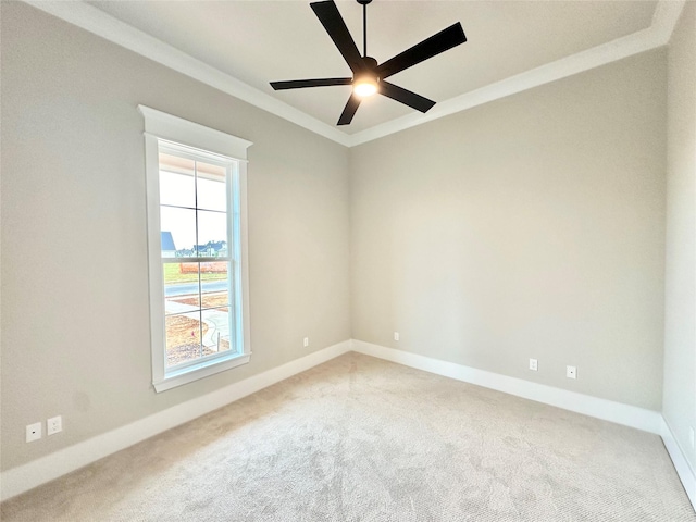 unfurnished room with ceiling fan, ornamental molding, and carpet flooring