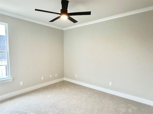 carpeted spare room featuring ornamental molding and ceiling fan