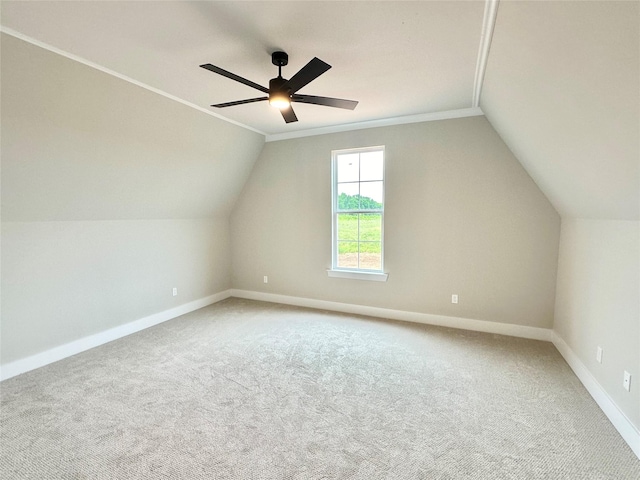 bonus room featuring ceiling fan, lofted ceiling, and carpet flooring