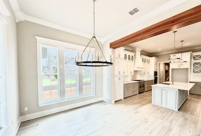 kitchen with white cabinetry, hanging light fixtures, appliances with stainless steel finishes, custom range hood, and a kitchen island with sink