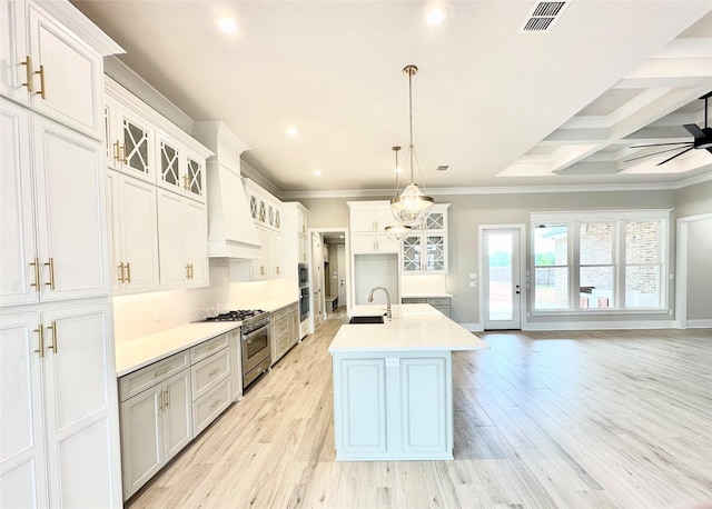 kitchen featuring sink, a kitchen island with sink, stainless steel appliances, custom range hood, and decorative light fixtures