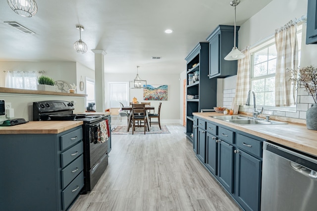 kitchen featuring black electric range, butcher block countertops, dishwasher, and sink