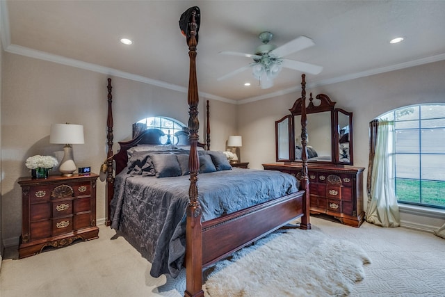 bedroom featuring ornamental molding and carpet