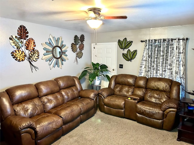 carpeted living room featuring ceiling fan