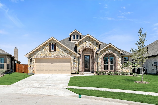 view of front of property featuring central AC unit, a garage, and a front yard