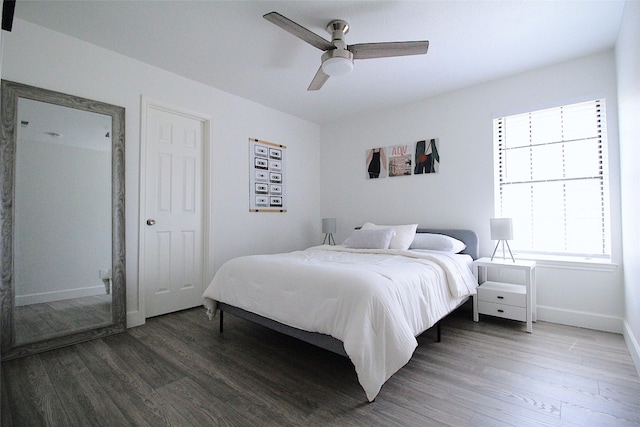 bedroom featuring ceiling fan and dark wood-type flooring