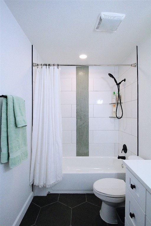 full bathroom with toilet, vanity, shower / tub combo with curtain, and tile flooring