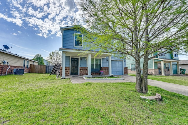 view of front facade featuring central air condition unit, a front lawn, and a garage