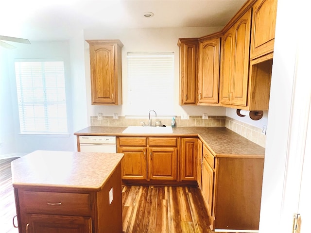 kitchen featuring ceiling fan, plenty of natural light, dark wood-type flooring, and dishwasher