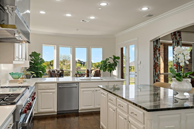 kitchen featuring white cabinetry, stainless steel appliances, extractor fan, ornamental molding, and a kitchen island