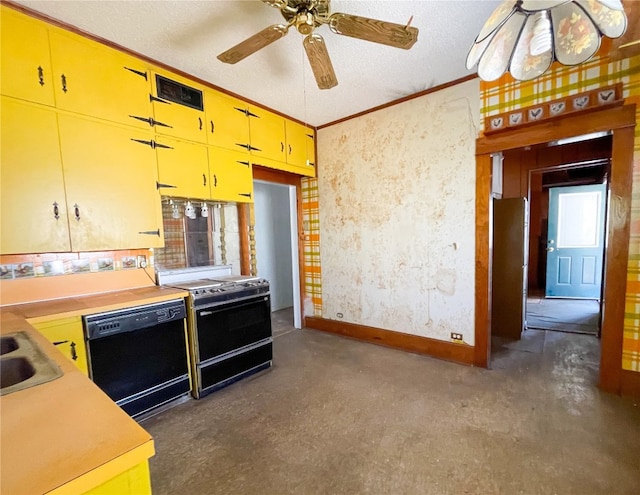 kitchen featuring black dishwasher, stove, a textured ceiling, and ceiling fan