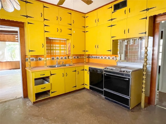 kitchen featuring white range with electric cooktop, black dishwasher, ceiling fan, and sink