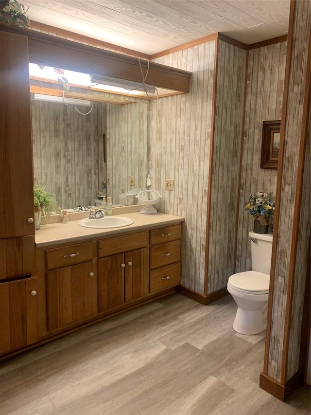 bathroom featuring vanity, wooden walls, and toilet