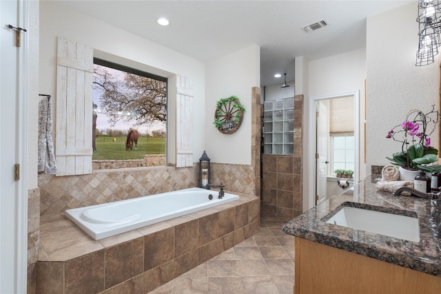 bathroom featuring sink, plus walk in shower, and plenty of natural light