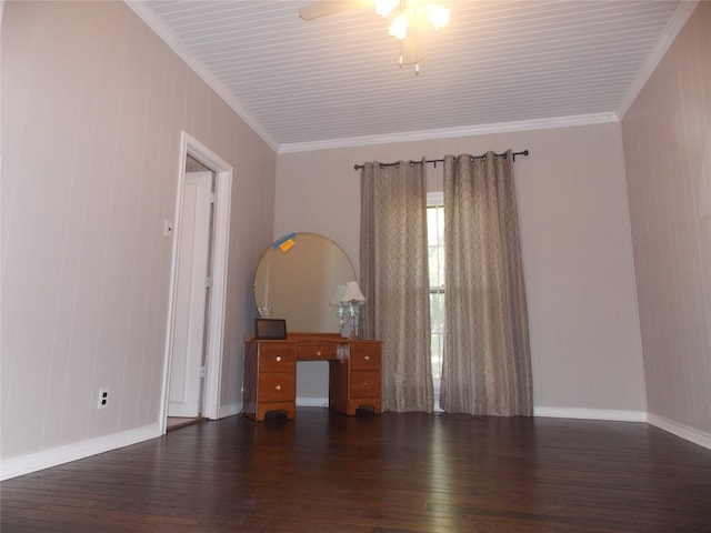 unfurnished office with ceiling fan, crown molding, and dark hardwood / wood-style floors