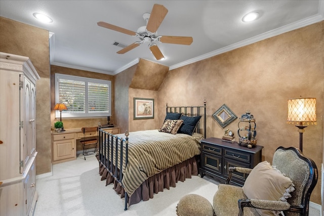 carpeted bedroom featuring ceiling fan and ornamental molding