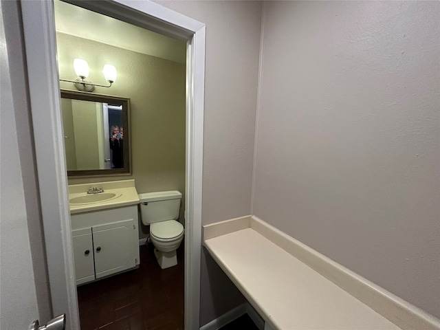 bathroom with hardwood / wood-style flooring, large vanity, and toilet