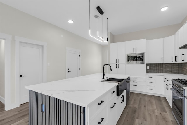 kitchen with light hardwood / wood-style floors, stainless steel appliances, and a center island with sink