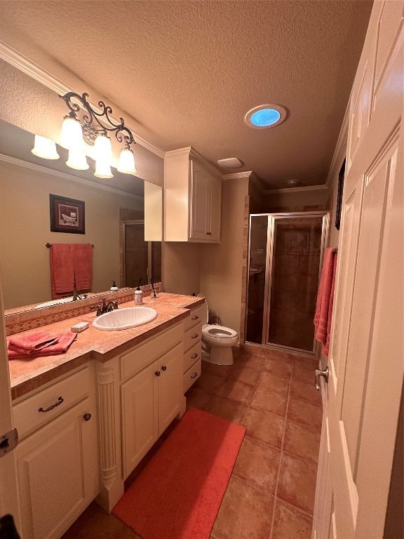 bathroom featuring crown molding, toilet, a textured ceiling, tile floors, and vanity