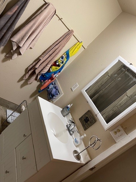 bathroom with lofted ceiling and a sink