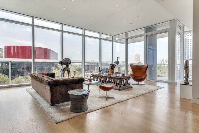 living room featuring light hardwood / wood-style flooring, floor to ceiling windows, and a healthy amount of sunlight