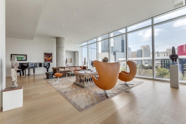 living room with floor to ceiling windows and light wood-type flooring