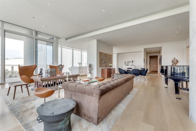 living room featuring a wall of windows, light wood-type flooring, and a wealth of natural light