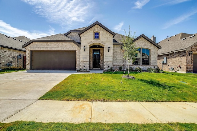 french country inspired facade featuring a front lawn and a garage