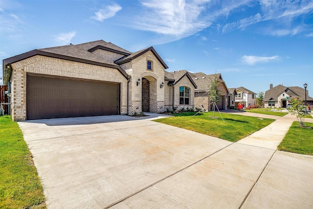 french country style house featuring a front lawn and a garage