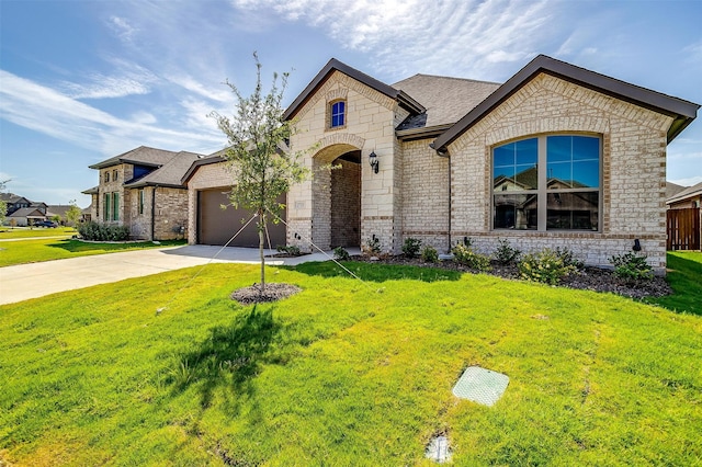 french provincial home with a garage and a front lawn