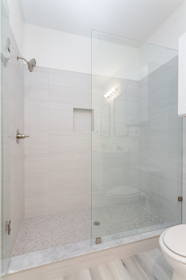 bathroom with hardwood / wood-style floors, a shower with door, vanity, and toilet