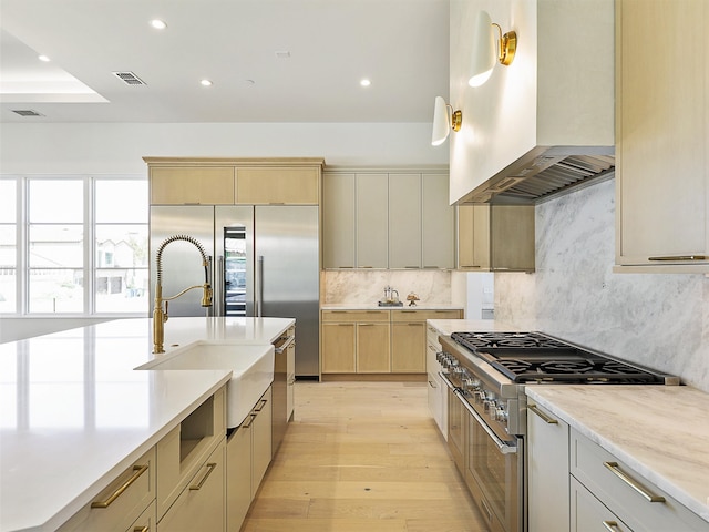 kitchen with light hardwood / wood-style floors, sink, premium appliances, decorative backsplash, and wall chimney exhaust hood