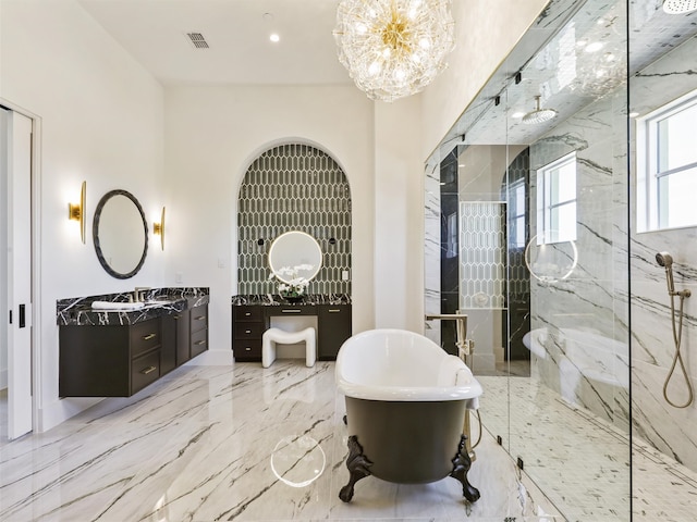 bathroom with tile walls, vanity, and separate shower and tub