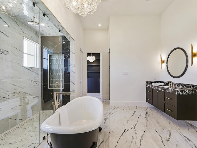 bathroom with independent shower and bath and vanity