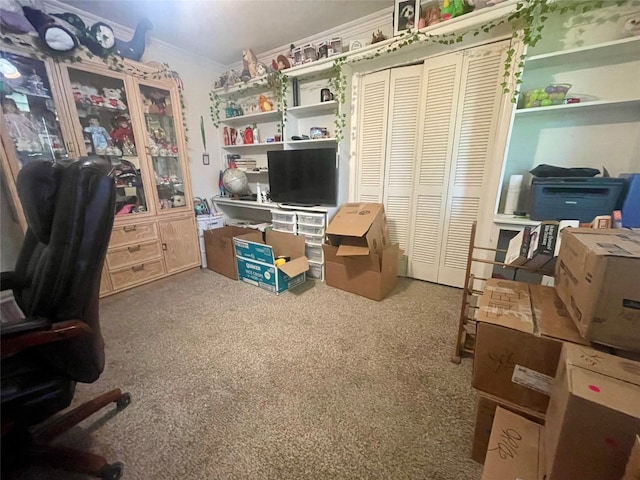 carpeted home office featuring ornamental molding