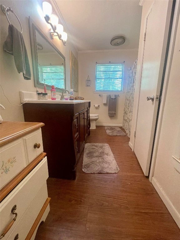 bathroom featuring toilet, oversized vanity, wood-type flooring, and crown molding