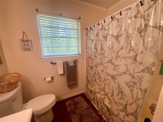 bathroom with crown molding and toilet