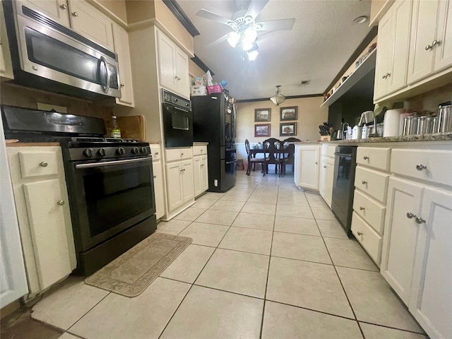 kitchen featuring ceiling fan, white cabinetry, black appliances, and light tile floors