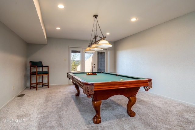 playroom with carpet floors and billiards