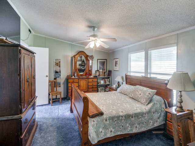 carpeted bedroom with a textured ceiling, crown molding, and ceiling fan