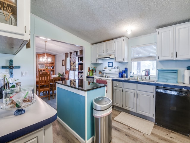 kitchen with an inviting chandelier, a kitchen island, lofted ceiling, black dishwasher, and white cabinets