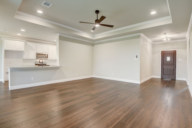 unfurnished living room with sink, a raised ceiling, dark hardwood / wood-style floors, and crown molding