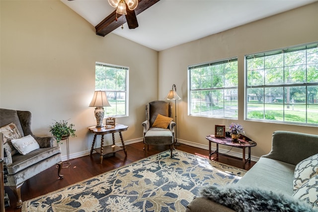 living room with dark hardwood / wood-style floors, lofted ceiling, and ceiling fan